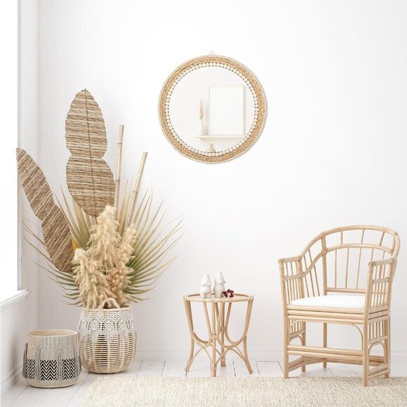 18 Inch Boho Round Hanging Wall Mirror Decorative Rattan Circle Mirrors for Farm - Picture 5 of 7